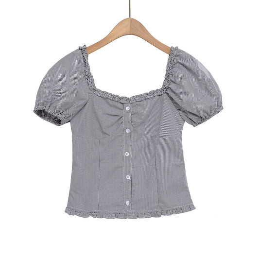 Women's European and American style patterned black fungus edge T-shirt top