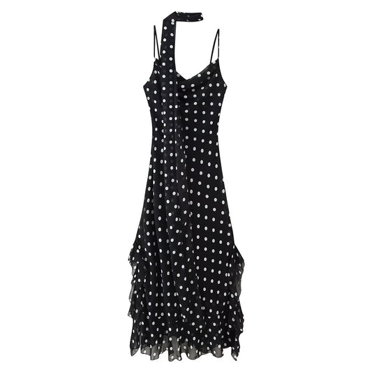 Scarf ruffle edge suspender polka dot dress for women